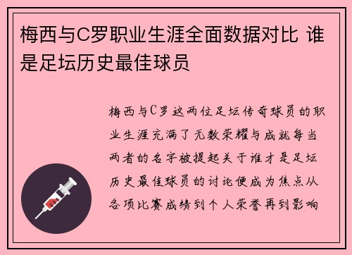 梅西与C罗职业生涯全面数据对比 谁是足坛历史最佳球员