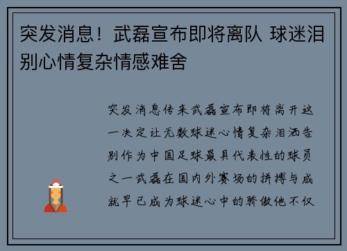 突发消息！武磊宣布即将离队 球迷泪别心情复杂情感难舍